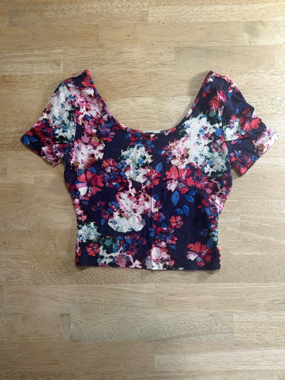 Decree Navy Floral Scoop Crop Top with Pink Accents